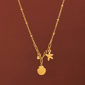 Delicate Shell Starfish Pendant Necklace Stainless Steel Gold Plated Zircon Ocean Beach Style Jewelry For Women