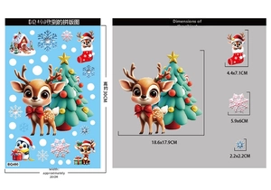 Detailed size specifications for Christmas window decals featuring deer and penguin motifs
