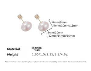 Size chart showing various diameters and weights of minimalist white faux pearl stud earrings