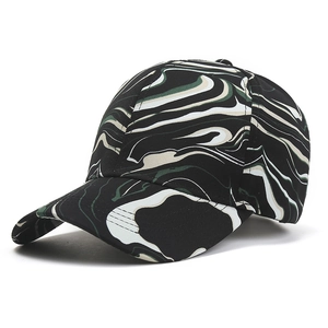 Fashionable baseball cap with black and green marble stripe pattern and curved brim