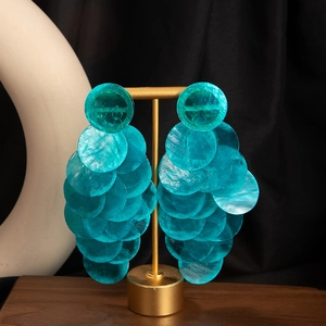Teal tiered shell drop earrings with golden hooks for summer beach fashion jewelry