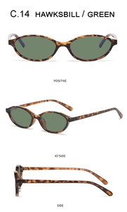 Detailed views of hawkbill oval sunglasses with green lenses from multiple angles