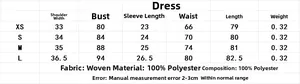 Size chart showing XS to L measurements for this off-shoulder short sleeve mini dress