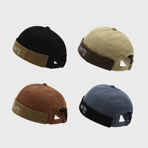 Bonnet Docker Sans Bord Vintage Coton Épissé Miki Cap Réglable Broderie Décontracté Rétro Street Unisexe