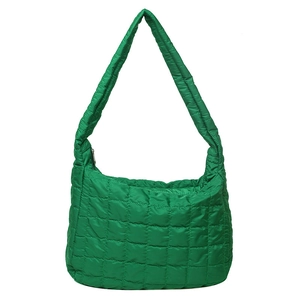 Stylish green quilted space cotton tote bag with grid stitching and wide shoulder strap