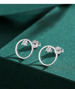 Detailed macro view of silver stud earrings with sparkling round cubic zirconia