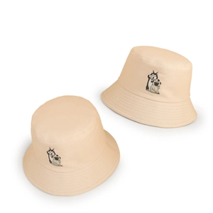 Minimalist beige cotton bucket hat with cute cartoon dog embroidery and wide brim
