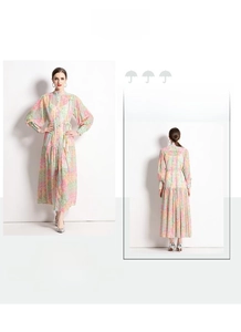 Front and back detail of ethnic floral maxi dress with tassel waist tie and stand collar