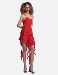 Detail of red one-shoulder mini dress with 3D rose flower and ruffled hem for summer