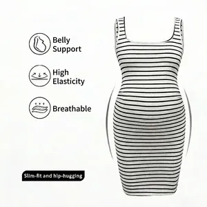 Slim-fit sleeveless maternity midi dress with black and white stripes and belly support