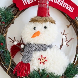 Christmas snowman rattan wreath with plush ornaments and Merry Christmas sign