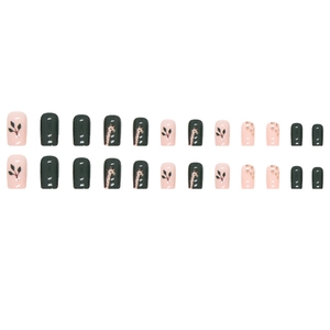 Cute giraffe medium square press-on nails set with dark green and pink pattern
