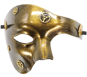 Close-up of steampunk phantom mask with antique bronze finish and gear decorations