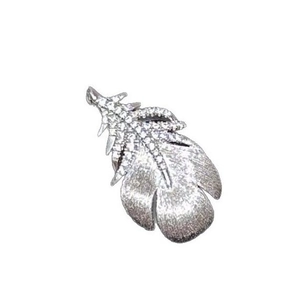 Silver feather brooch with micro-set cubic zirconia and frosted texture finish
