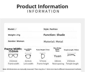 Detailed dimension guide for women's butterfly frame metal sunglasses with full measurements