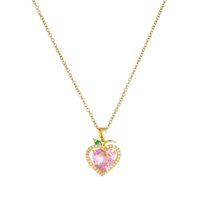 Pink heart crystal pendant necklace with green leaf detail on a gold chain for women