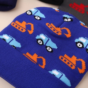 Blue knit beanie for baby boys featuring orange cartoon excavator and car patterns