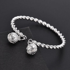 Titanium Steel Twist Rope Bangle Adjustable Open Cuff Bracelet Double Hollow Bell Pendants Ancient Style Retro Jewelry