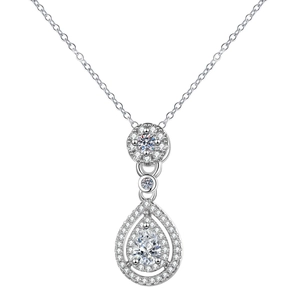 Elegant pear cut silver necklace with sparkling teardrop pendant and layered halo crystals