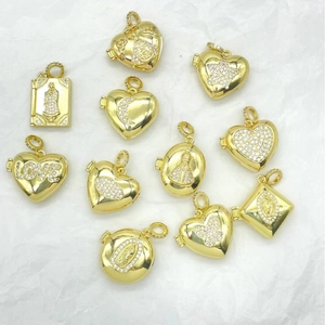 18K Gold Plated Copper Locket Pendant Heart Round Openable Photo Frame Cubic Zirconia Religious Jewelry For Women