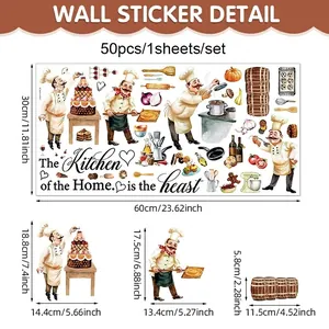 Self-adhesive PVC kitchen wall stickers with 48 hand-drawn chef and food motifs