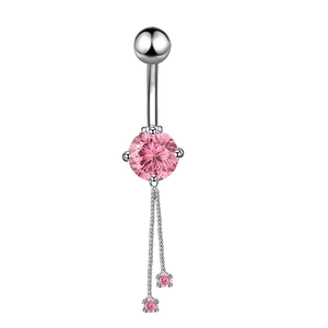 Silver belly button ring with pink zircon stones and elegant chain tassel dangles