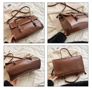 Detailed views of brown PU leather messenger bag with metal buckles and rivets
