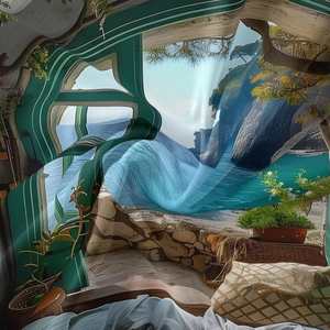 Detail of high-quality fabric showing a Mediterranean sea landscape and soft draping texture