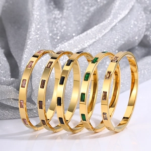 Stainless Steel Bangle Bracelet For Women With Rectangle Cubic Zirconia High Polish Gold Plated Elegant Luxury Jewelry