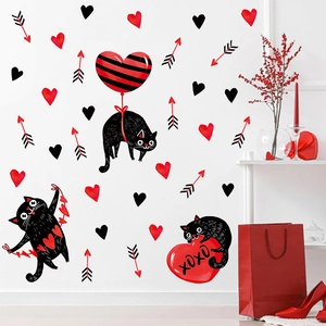 Black cat wall decals with red heart balloons for Valentine decoration in bedroom