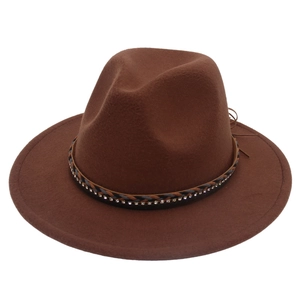 Dettaglio di fedora marrone scuro con nastro intrecciato tricolore e strass lucidi