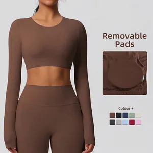 Haut de Yoga à Manches Longues pour Femmes Avec Soutien-gorge Intégré Rembourré Cropped Shirt en Nylon Spandex Serré Gym