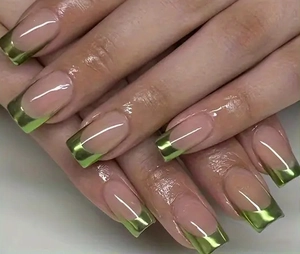 Detailed view of long square nails with olive green metallic French tips and pink base