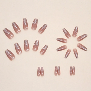 Long coffin press-on nails with pink gradient cat eye glitter and star heart designs
