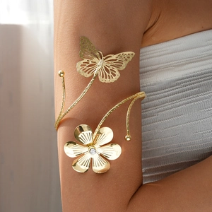Butterfly Flower Arm Cuff Bracelet Alloy Rhinestone Open Adjustable Gold Tone Fashion Jewelry For Women