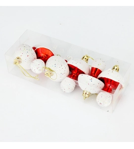 Set of 6 red and white mushroom Christmas tree ornaments with colorful sequins in a clear box