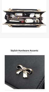 Macro view of interior storage compartments and golden bow hardware on black handbag