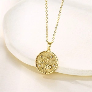 Stainless Steel Birth Flower Pendant Necklace Round Coin Gold Plated With Zircon Retro Style Jewelry For Women