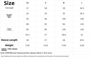 Size chart for women's denim puff sleeve shirt with measurements from XS to L
