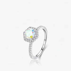 Hexagon Halo Rainbow Zircon Ring 925 Sterling Silver Iridescent Geometric Luxury Jewelry For Women