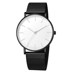 Detail view of ultra-thin minimalist watch with black mesh strap and white dial