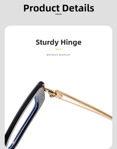 Close-up of durable metal hinge on black frame glasses with gold-tone metal temples