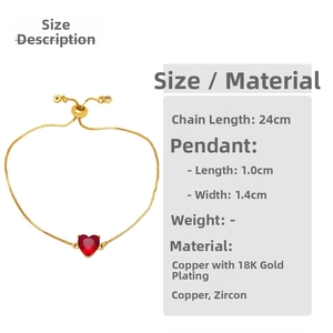 Vista dettagliata del bracciale con zircone rosso e catena regolabile da 24cm placcata oro 18K