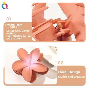 Detail view of flower hair claw clip with smooth rounded teeth and strong metal spring