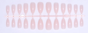 Detail of almond shaped press-on nails in nude pink jelly finish on plastic frame