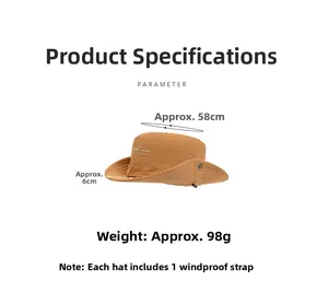 Brown outdoor sun hat features 58cm circumference and adjustable brim with wind rope
