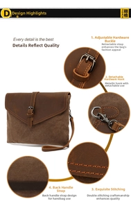 Detail view of retro canvas clutch featuring metal buckles, stitching, and wrist strap