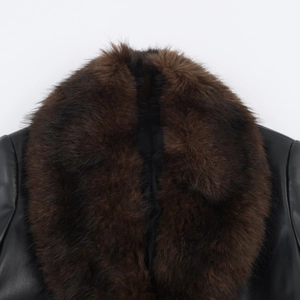 Women's long leather coat with black leather shoulder and dark brown faux fur collar