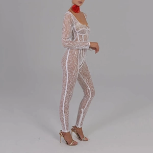 Elegant white floral lace bodysuit with sheer finish and long pants for a sexy aesthetic