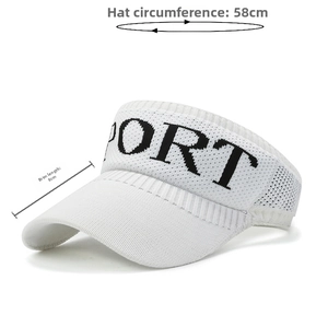 Detailed size specifications for white knit visor showing 8cm brim and 58cm circumference